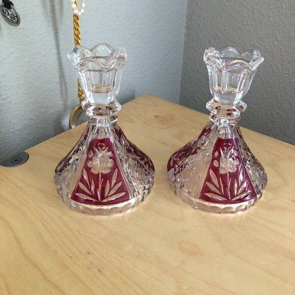 Vintage Anne Hutte Bleikristall Lead Crystal Ruby Candlesticks Made in Germany - Picture 2 of 5
